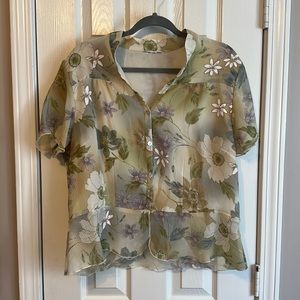 Vintage 90s Sheer Floral Top with Cap Sleeves and Flowy Hems